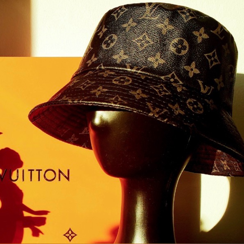 Leather Monogram Black Gray Bucket Hat Calf Skin jacquard Unisex - Picture 2 of 11